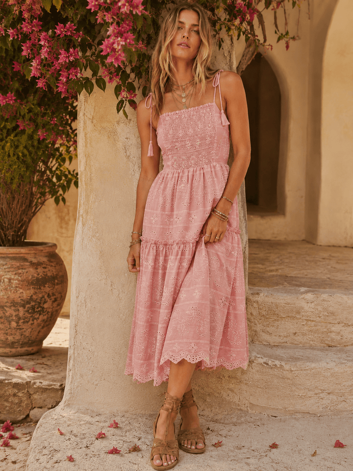 JUST ME WOMEN'S SLEEVELESS SQUARE NECK FRONT POCKETS SMOCK FLORAL EMBROIDERY MAXI DRESS
