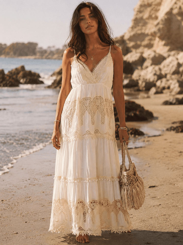 WOMEN'S SLEEVELESS ELASTIC WAIST SURPLICE TIERED CROCHET MAXI DRESS