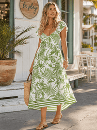 WOMEN'S RUFFLE SLEEVE V-NECK OPEN BACK ELASTIC WAIST LEAF PRINT MAXI DRESS