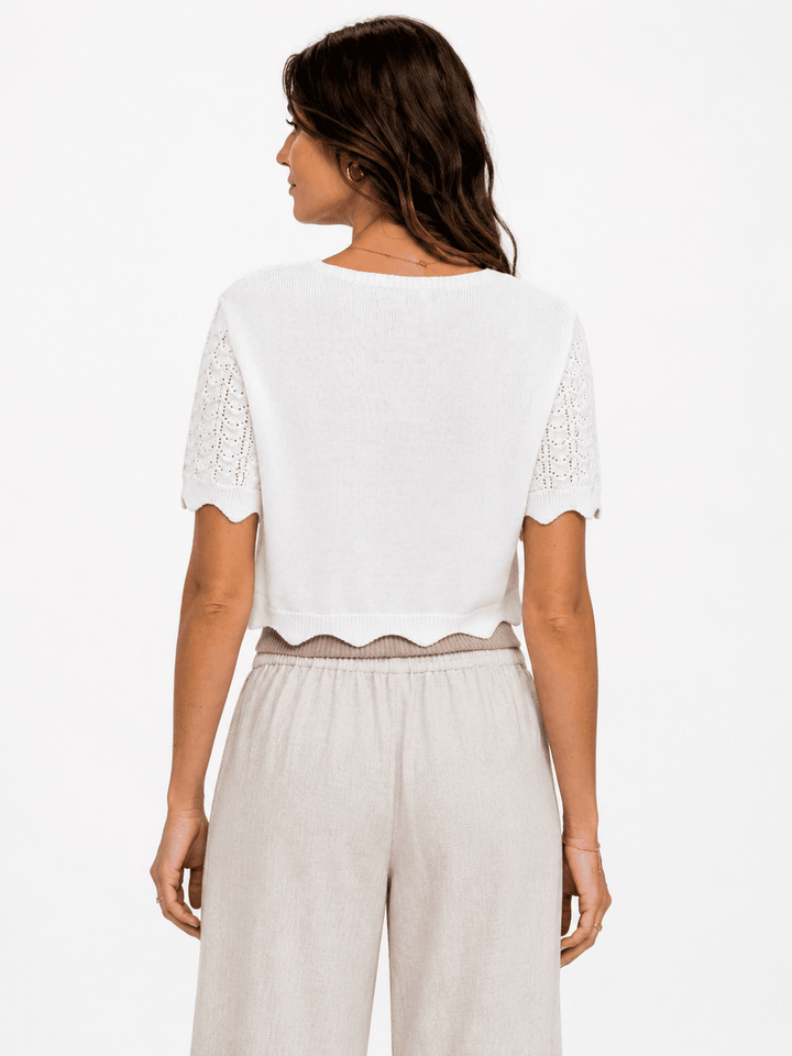 WOMEN'S SHORT SLEEVE FRONT TIE CROCHET RIBBED TOP