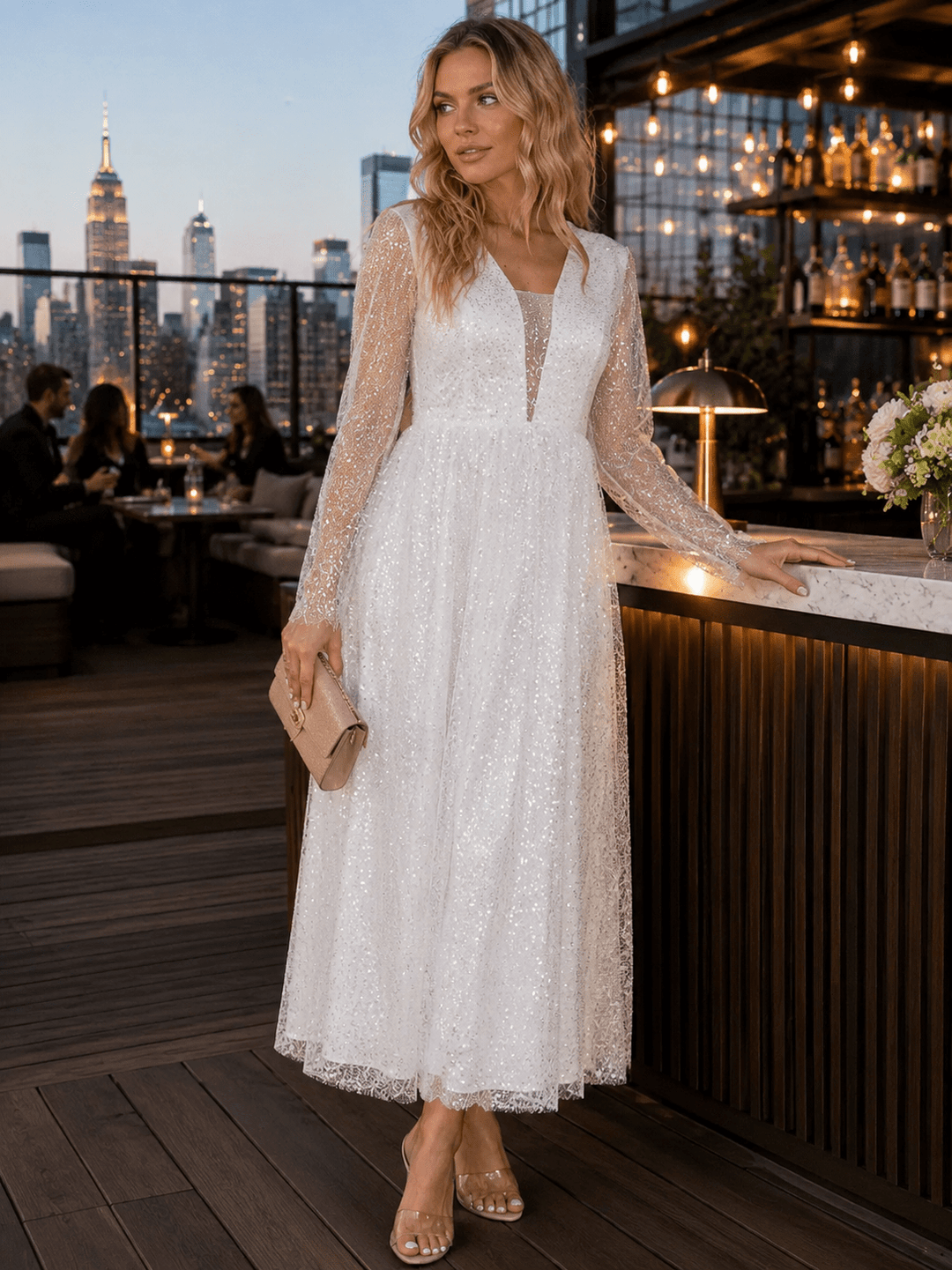 WOMEN'S LONG SLEEVE V-NECK MESH SEQUINS MAXI DRESS