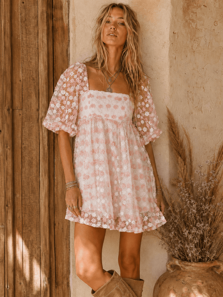 WOMEN'S SHORT PUFF SLEEVE SQUARE NECK EMBROIDERY FLORAL MINI DRESS