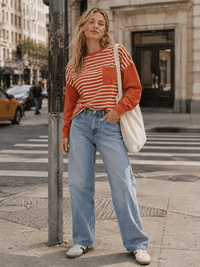 WOMEN'S LONG SLEEVE FRONT POCKET COLORBLOCK STRIPES BLOUSE