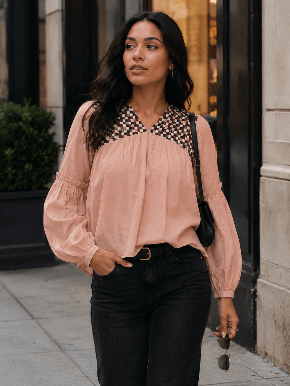 WOMEN'S LONG SLEEVE V-NECK DETAILED LOOSE FIT BLOUSE