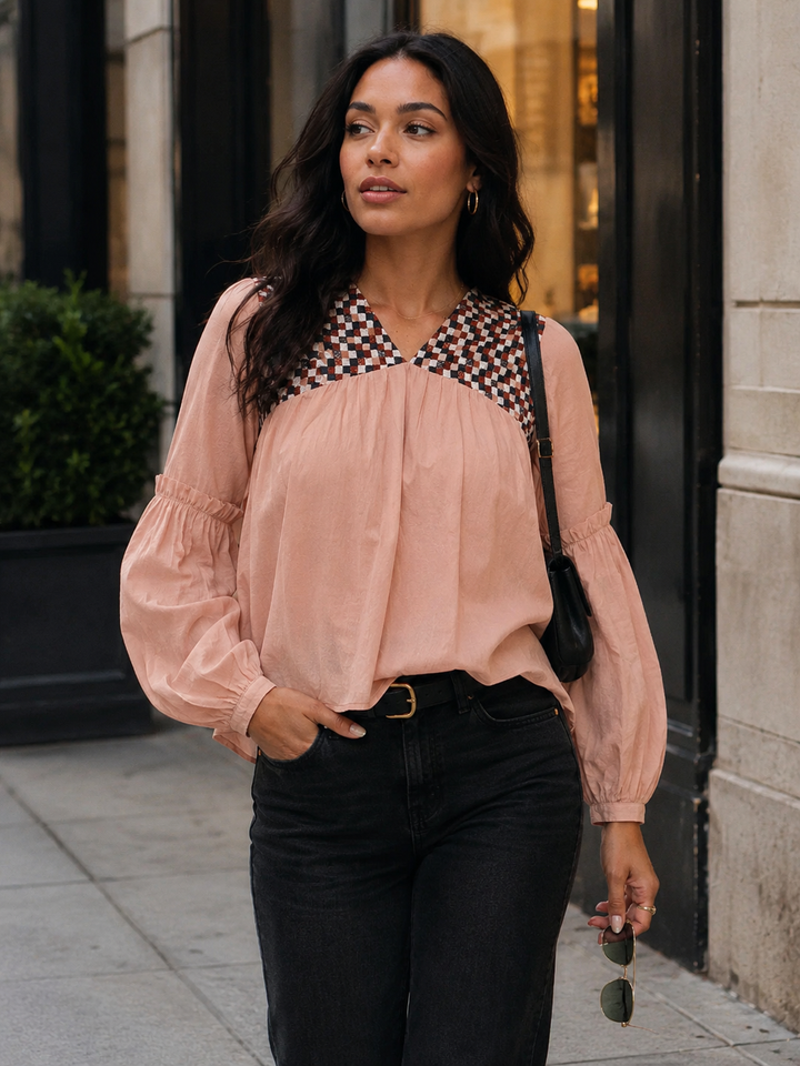 WOMEN'S LONG SLEEVE V-NECK DETAILED LOOSE FIT BLOUSE