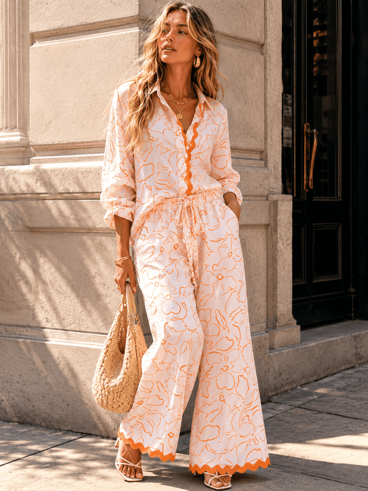 WOMEN'S LONG SLEEVE TOP & BUTTON CLOSURE PANTS PRINT COLORBLOCK 2PC. SET