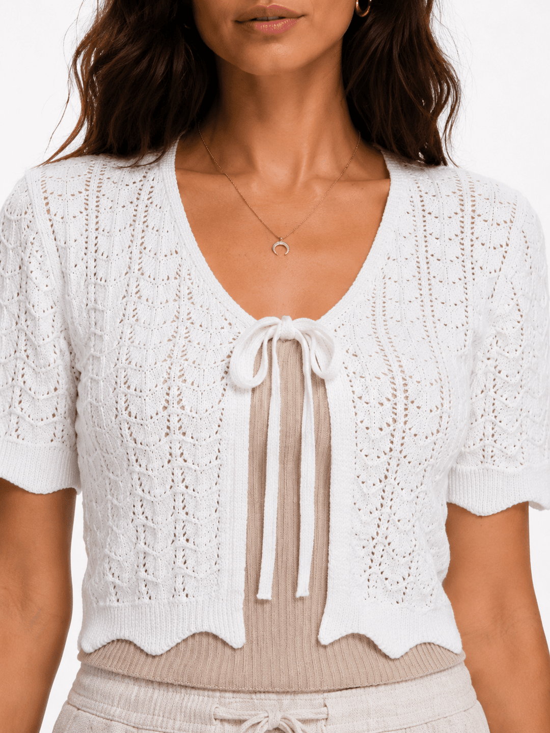 WOMEN'S SHORT SLEEVE FRONT TIE CROCHET RIBBED TOP