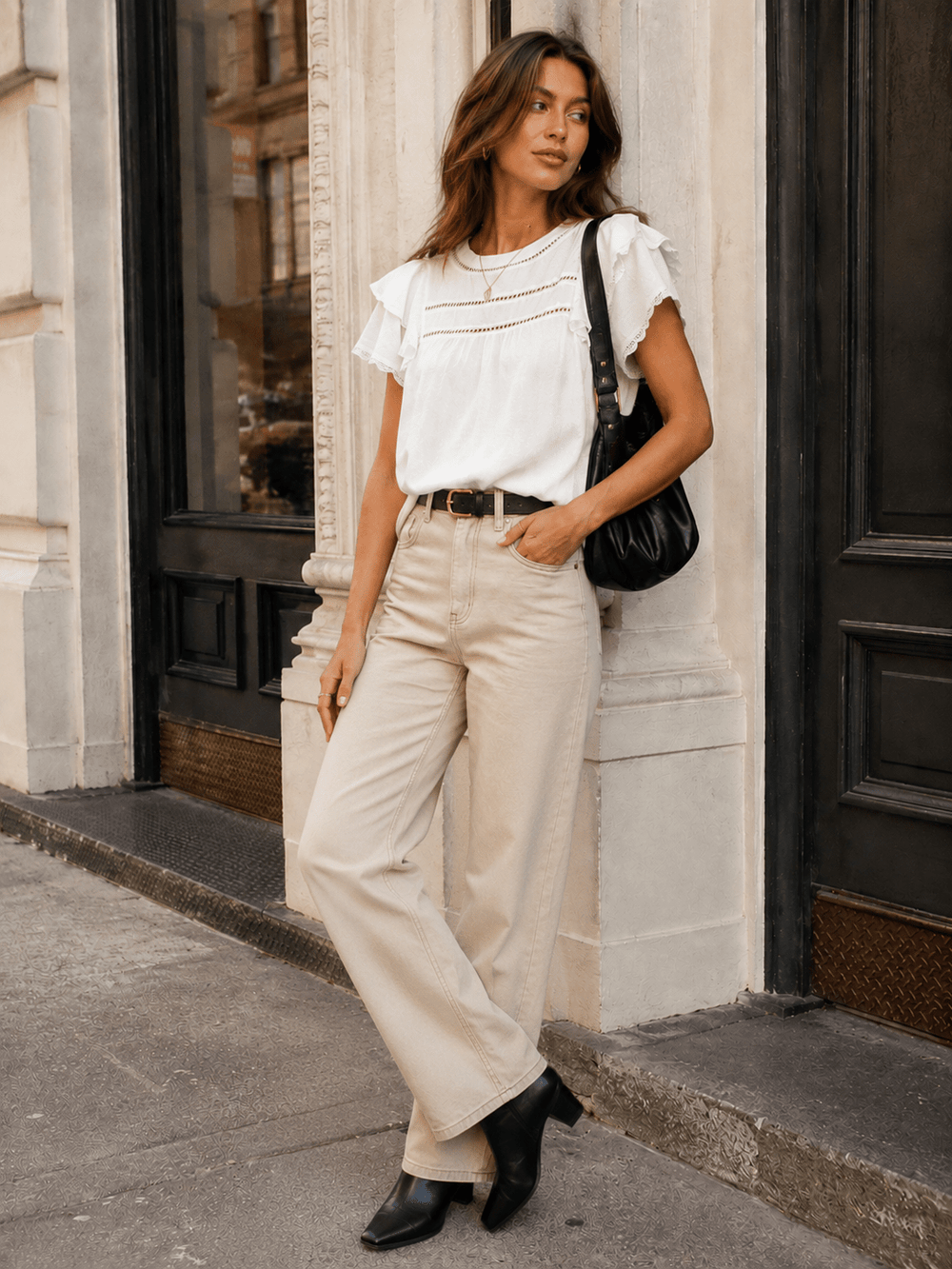WOMEN'S SHORT RUFFLE SLEEVE SWISS DETAILED BLOUSE