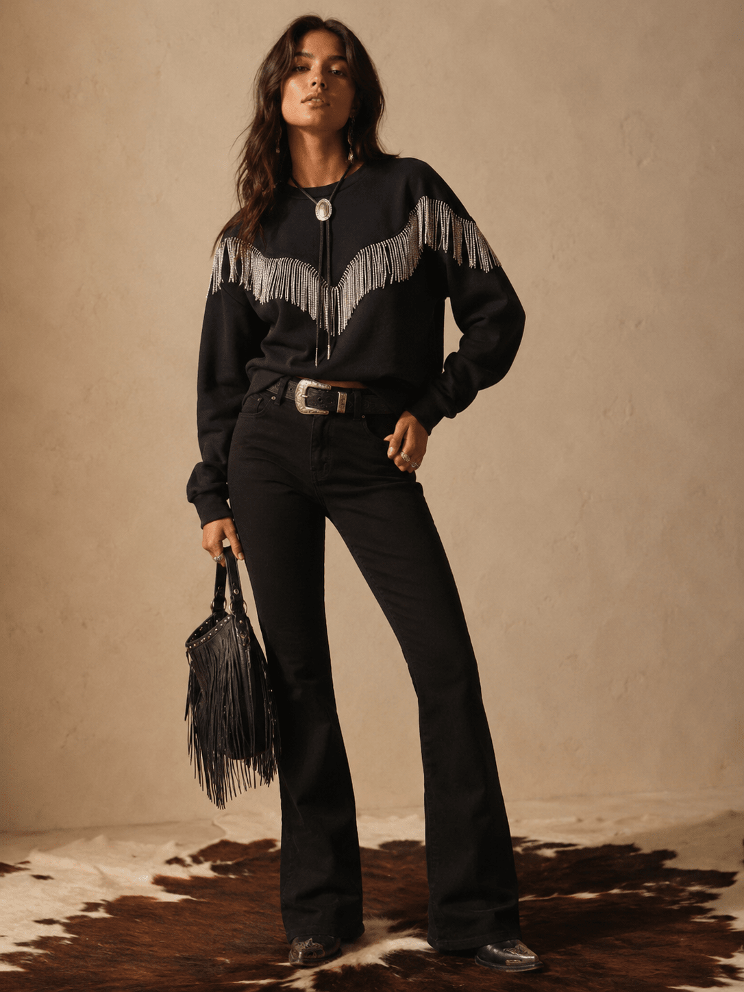 WOMEN'S LONG SLEEVE RHINESTONES FRINGE PULLOVER SWEATER