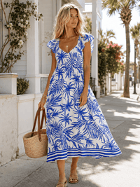 WOMEN'S RUFFLE SLEEVE V-NECK OPEN BACK ELASTIC WAIST LEAF PRINT MAXI DRESS