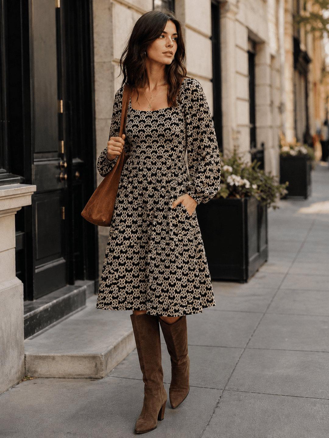 WOMEN'S LONG SLEEVE SQUARE NECK POCKETS FLORAL DETAILED ELASTIC WAIST MIDI DRESS