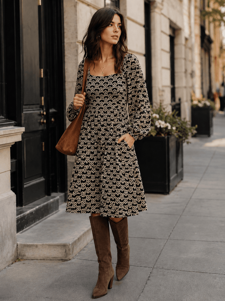 WOMEN'S LONG SLEEVE SQUARE NECK POCKETS FLORAL DETAILED ELASTIC WAIST MIDI DRESS