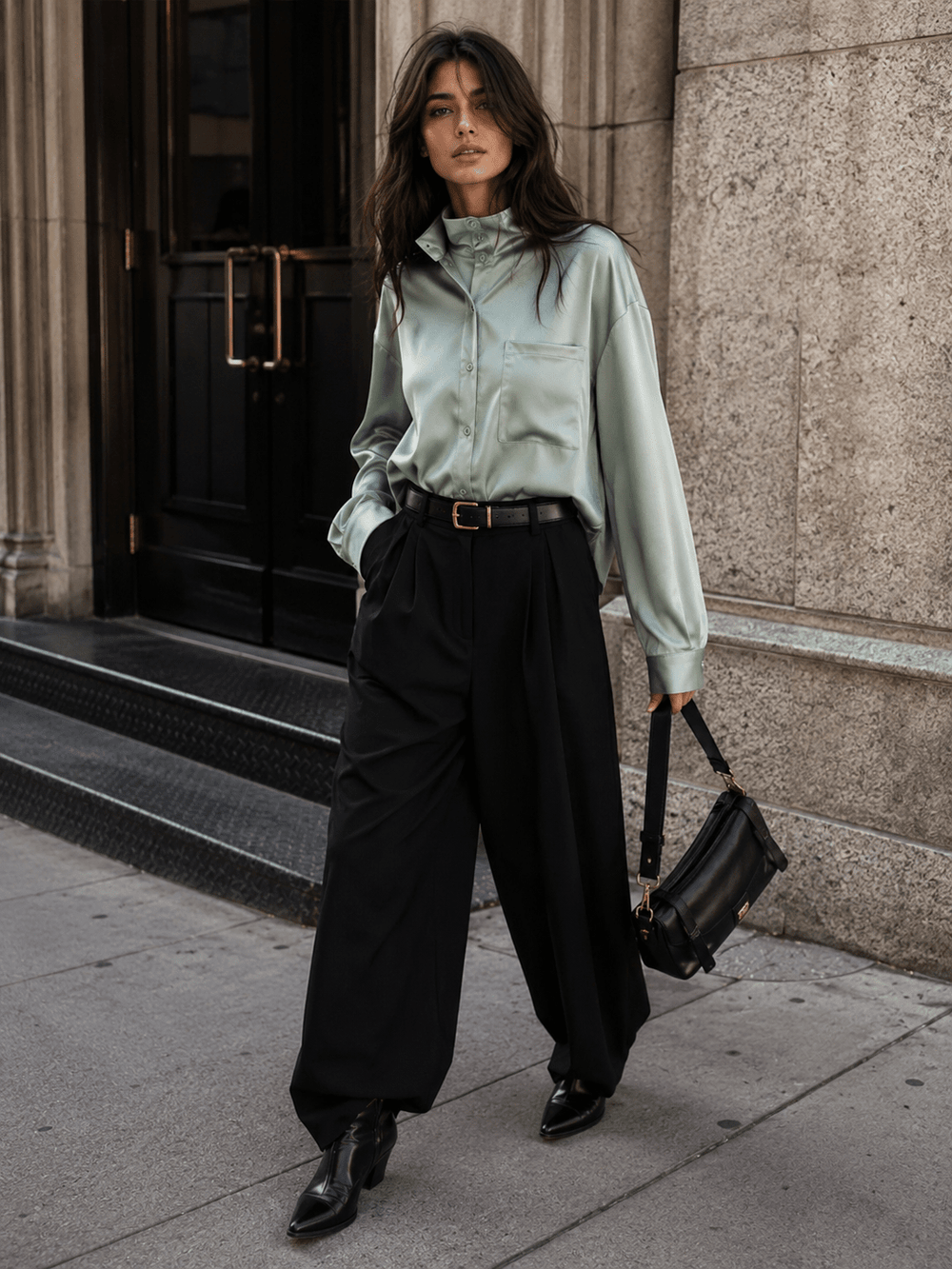 WOMEN'S LONG SLEEVE BUTTON UP SATIN BLOUSE
