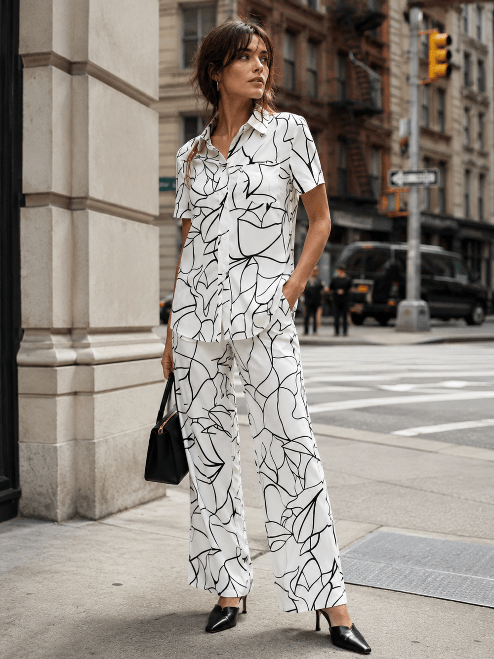 WOMEN'S SHORT SLEEVE BUTTON UP BLOUSE & ELASTIC WAIST WIDE LEG PANTS PRINTED 2PC. SET