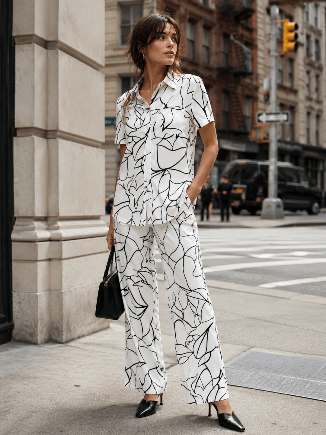 WOMEN'S SHORT SLEEVE BUTTON UP BLOUSE & ELASTIC WAIST WIDE LEG PANTS PRINTED 2PC. SET