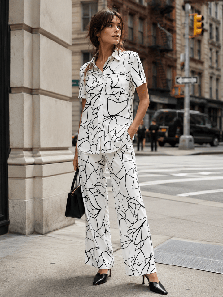 WOMEN'S SHORT SLEEVE BUTTON UP BLOUSE & ELASTIC WAIST WIDE LEG PANTS PRINTED 2PC. SET