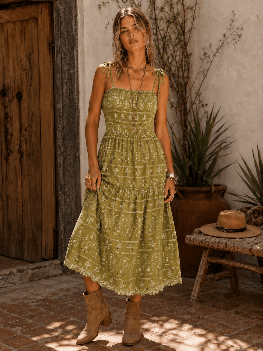 JUST ME WOMEN'S SLEEVELESS SQUARE NECK FRONT POCKETS SMOCK FLORAL EMBROIDERY MAXI DRESS