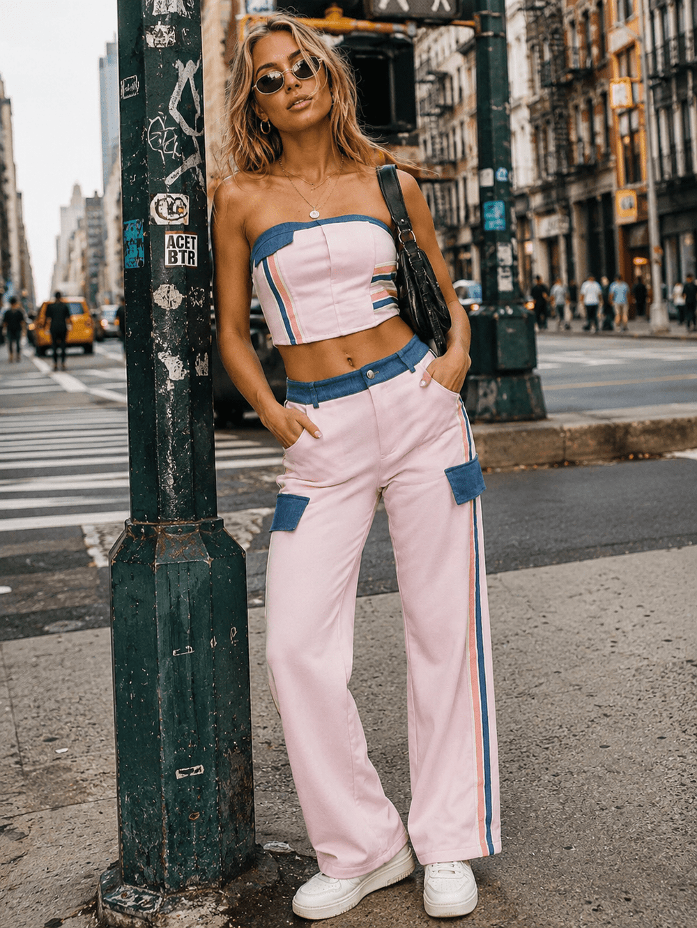 WOMEN'S SLEEVELESS CROP TOP & BUTTON CLOSURE WIDE LEG PANTS DENIM CONTRAST 2PC. SET