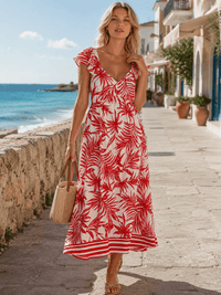 WOMEN'S RUFFLE SLEEVE V-NECK OPEN BACK ELASTIC WAIST LEAF PRINT MAXI DRESS