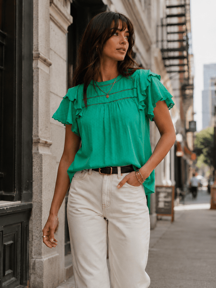 WOMEN'S SHORT RUFFLE SLEEVE SWISS DETAILED BLOUSE