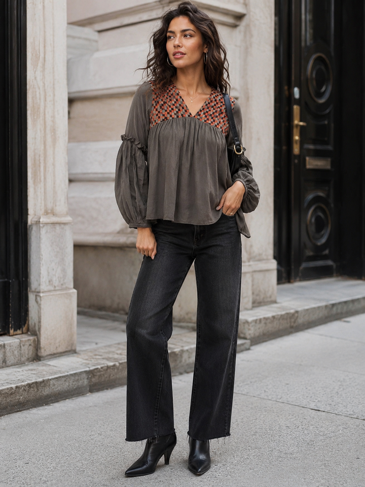 WOMEN'S LONG SLEEVE V-NECK DETAILED LOOSE FIT BLOUSE