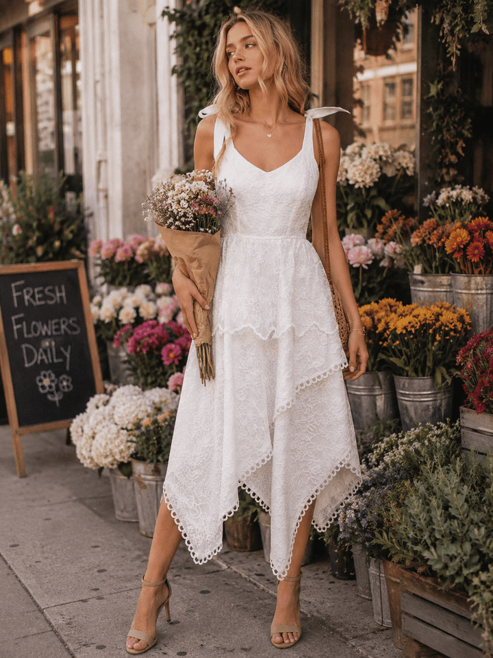JUST ME WOMEN'S SLEEVELESS V-NECK TRIM DETAILED TIERED EMBROIDERY MAXI DRESS