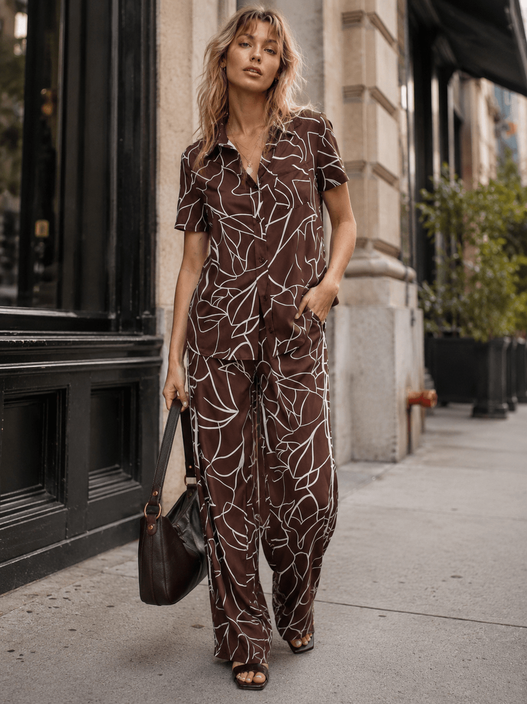 WOMEN'S SHORT SLEEVE BUTTON UP BLOUSE & ELASTIC WAIST WIDE LEG PANTS PRINTED 2PC. SET