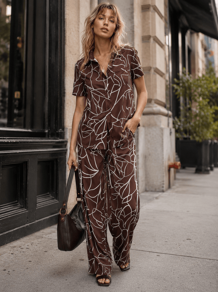WOMEN'S SHORT SLEEVE BUTTON UP BLOUSE & ELASTIC WAIST WIDE LEG PANTS PRINTED 2PC. SET
