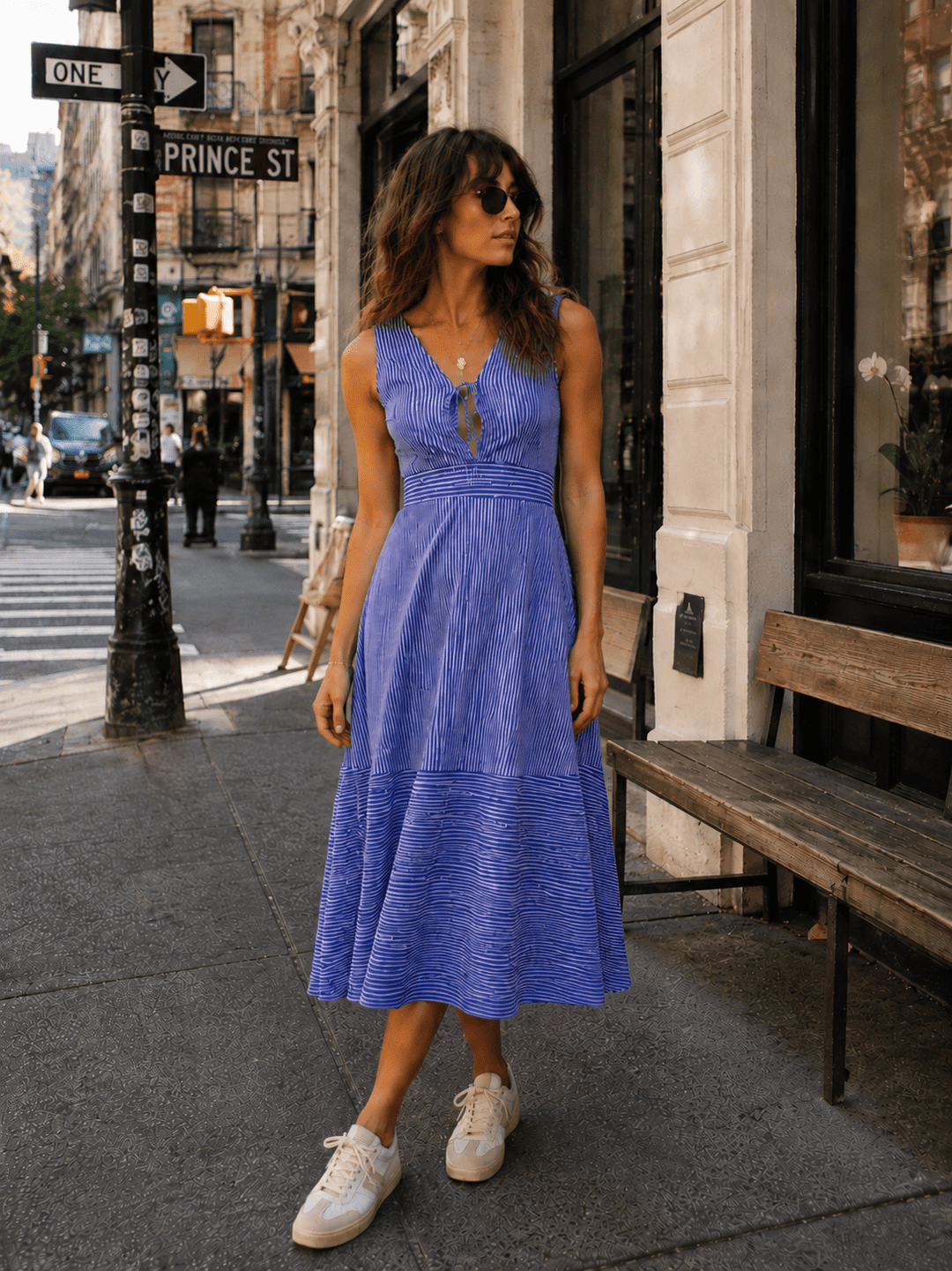 WOMEN'S SLEEVELESS V-NECK FRONT POCKETS STRIPES MIDI DRESS