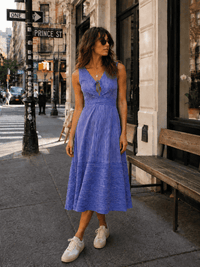 WOMEN'S SLEEVELESS V-NECK FRONT POCKETS STRIPES MIDI DRESS