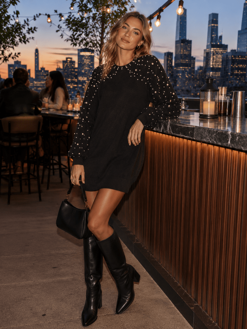 WOMEN'S LONG SLEEVE PEARL DETAILED SWEATER MINI DRESS