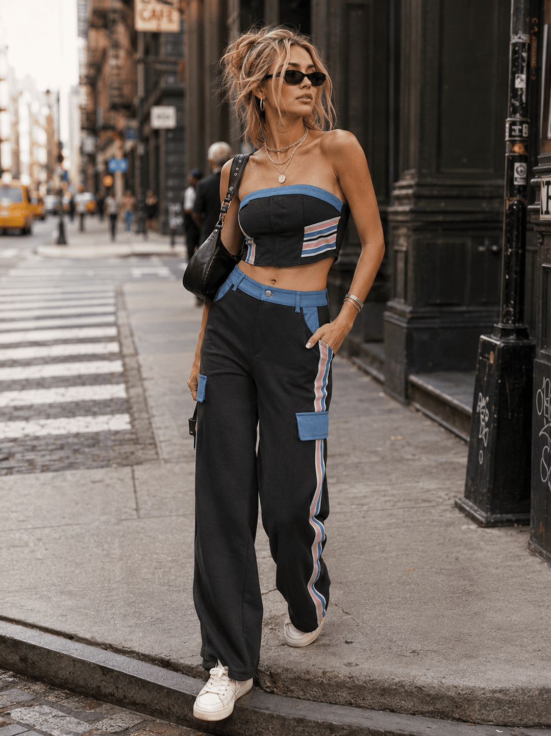 WOMEN'S SLEEVELESS CROP TOP & BUTTON CLOSURE WIDE LEG PANTS DENIM CONTRAST 2PC. SET