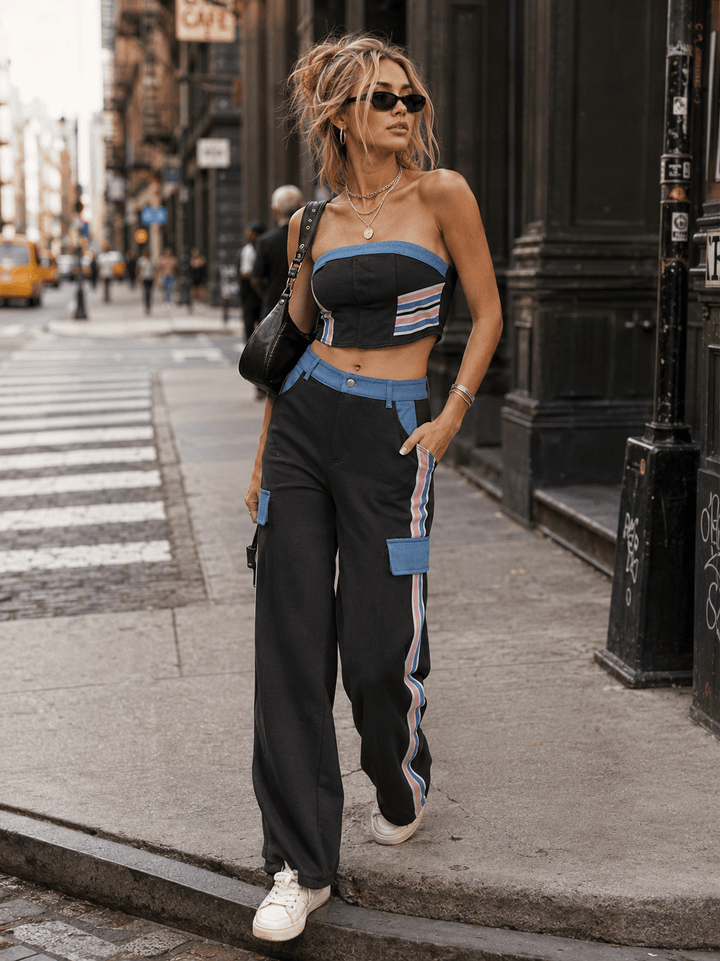 WOMEN'S SLEEVELESS CROP TOP & BUTTON CLOSURE WIDE LEG PANTS DENIM CONTRAST 2PC. SET