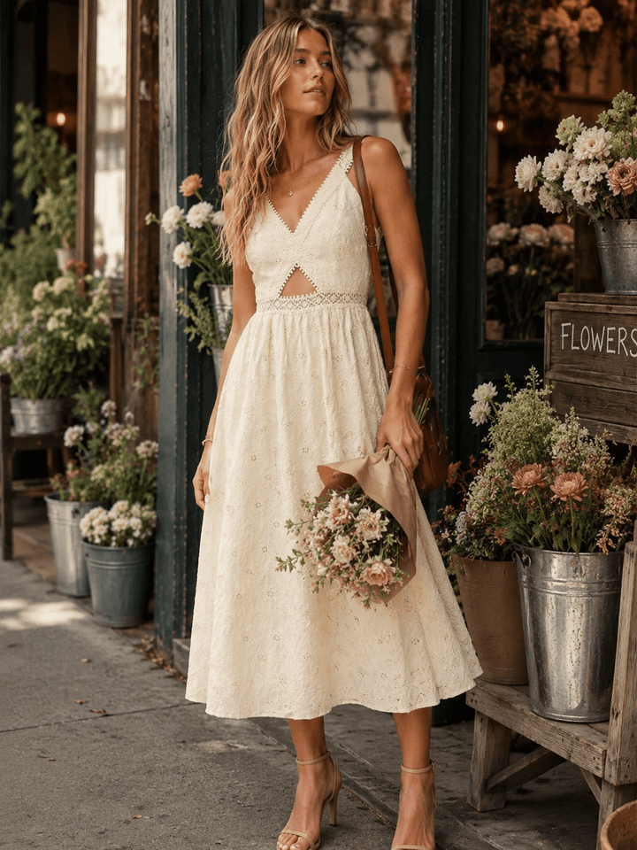 JUST ME WOMEN'S SLEEVELESS V-NECK CUT OUT FRONT POCKETS CROCHET MAXI DRESS