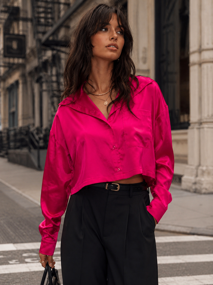 WOMEN'S LONG SLEEVE BUTTON UP SATIN BLOUSE