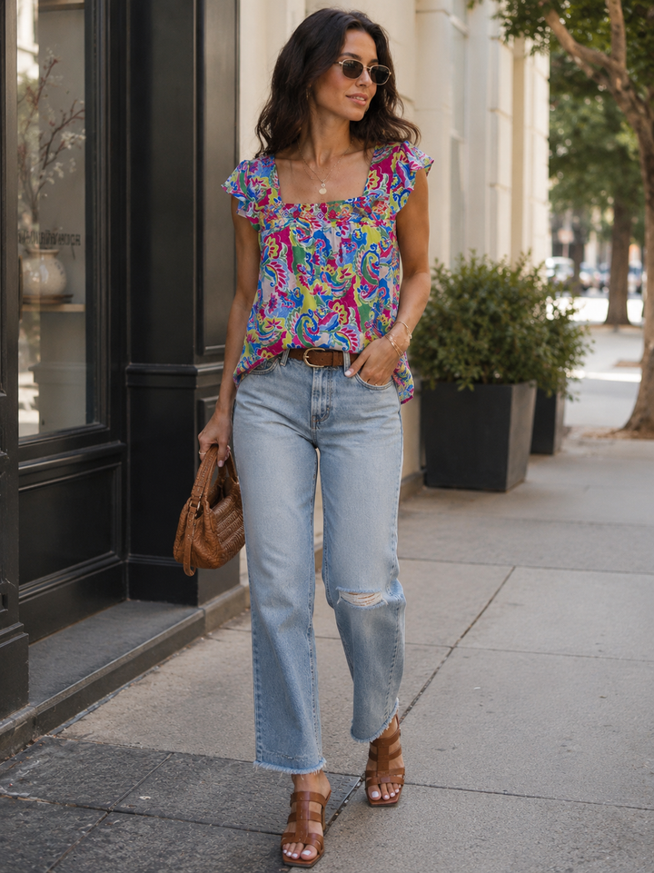 WOMEN'S SLEEVELESS RUFFLE EMBROIDERY SQUARE NECK MULTI PRINT TANK TOP