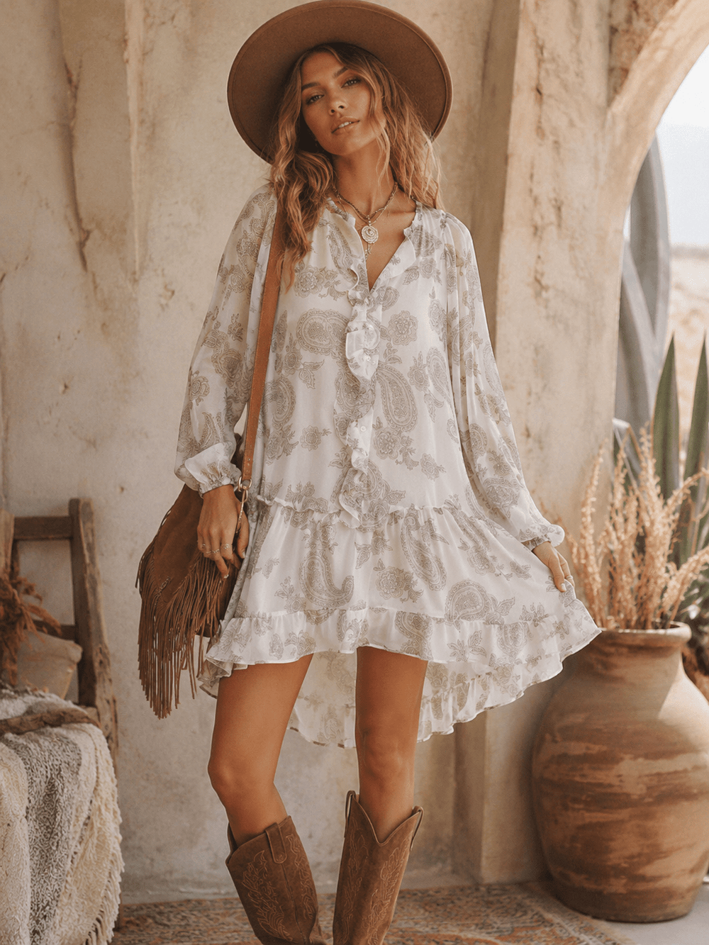 WOMEN'S LONG SLEEVE BUTTON UP PAISLEY PRINT HIGH-LOW MINI DRESS