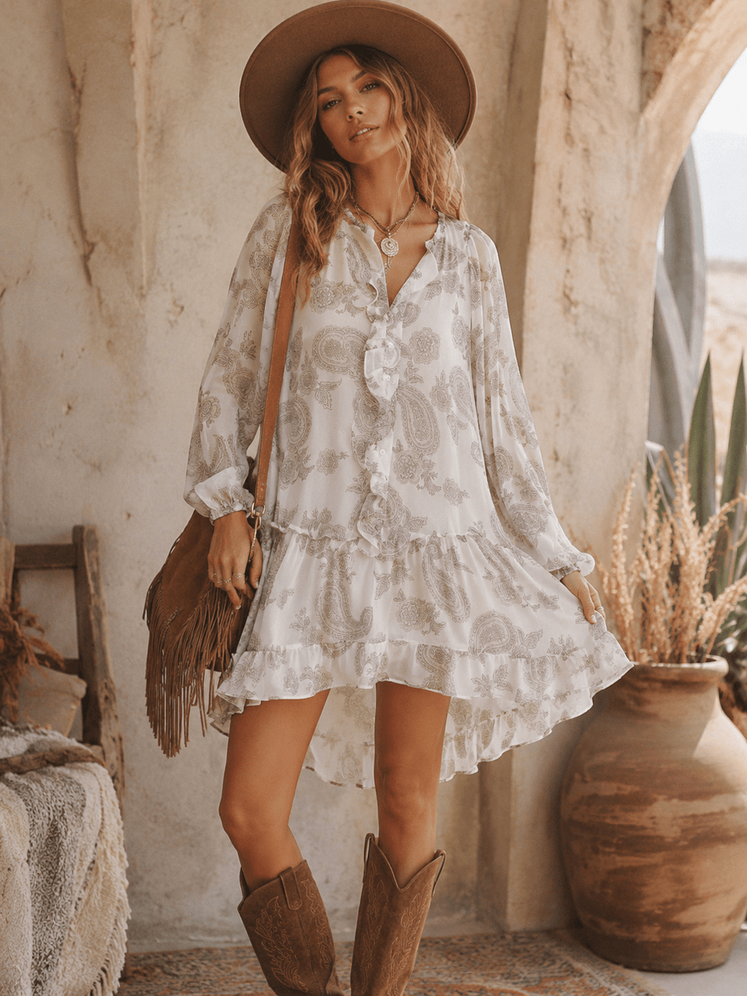 WOMEN'S LONG SLEEVE BUTTON UP PAISLEY PRINT HIGH-LOW MINI DRESS