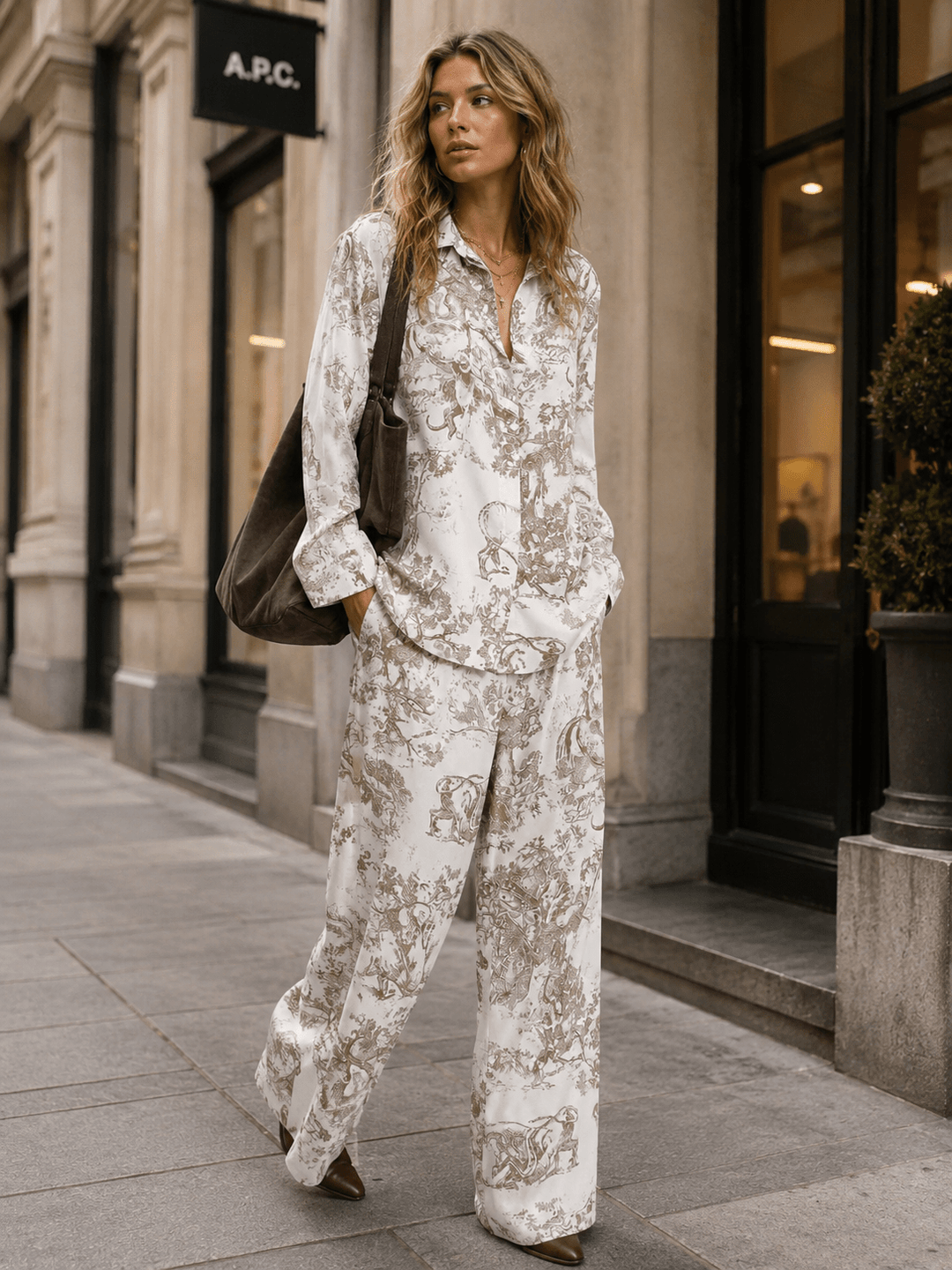 WOMEN'S LONG SLEEVE BUTTON UP TOP & ELASTIC WAIST WIDE LEG PANTS MULTI PRINT 2PC. SET