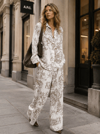 WOMEN'S LONG SLEEVE BUTTON UP TOP & ELASTIC WAIST WIDE LEG PANTS MULTI PRINT 2PC. SET