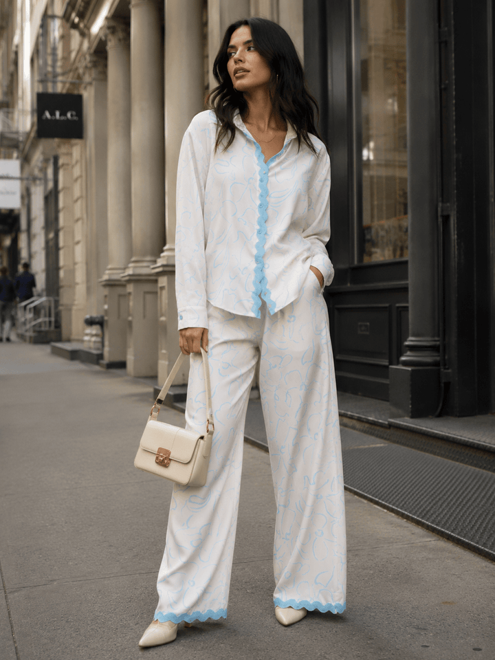 WOMEN'S LONG SLEEVE TOP & BUTTON CLOSURE PANTS PRINT COLORBLOCK 2PC. SET