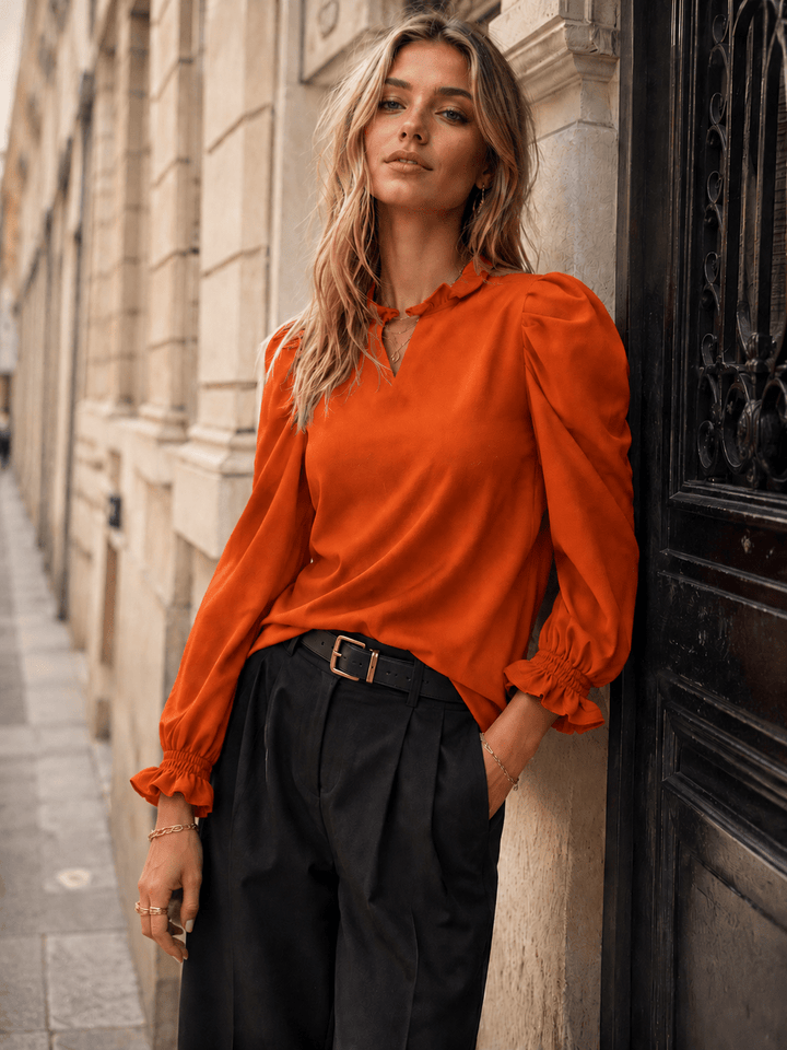WOMEN'S LONG PUFF SLEEVES RUFFLE TRIM NECK BLOUSE