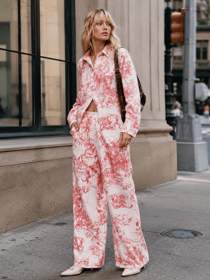 WOMEN'S LONG SLEEVE BUTTON UP TOP & ELASTIC WAIST WIDE LEG PANTS MULTI PRINT 2PC. SET