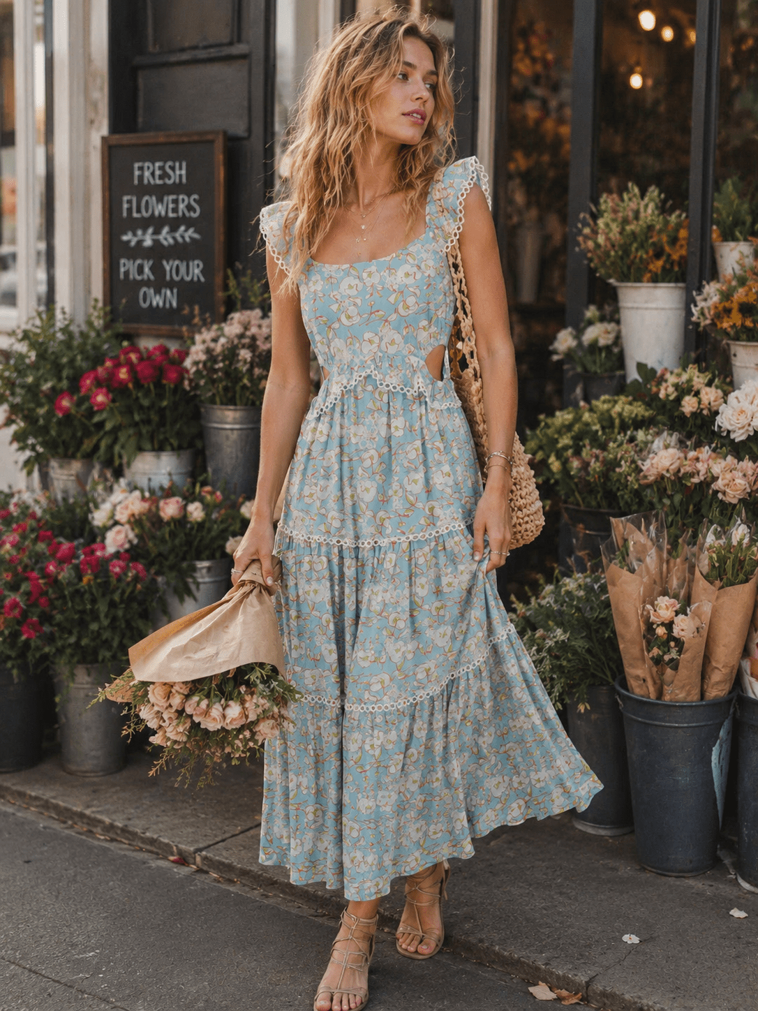 JUST ME WOMEN'S SLEEVELESS ELASTIC WAIST CUT OUT FRONT POCKETS FLORAL MAXI DRESS