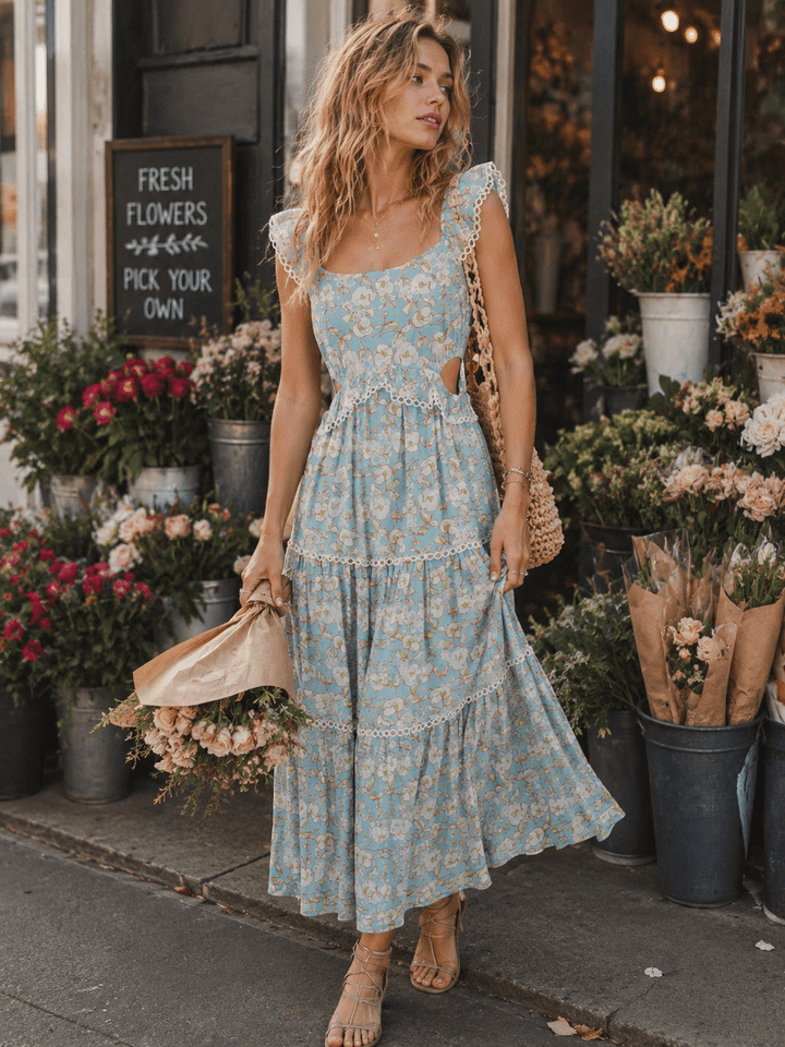JUST ME WOMEN'S SLEEVELESS ELASTIC WAIST CUT OUT FRONT POCKETS FLORAL MAXI DRESS