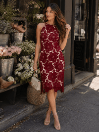 JUST ME WOMEN'S SLEEVELESS FLORAL CROCHET BODYCON MINI DRESS