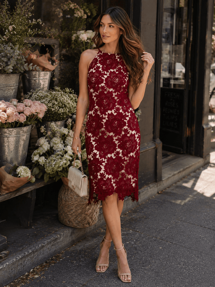JUST ME WOMEN'S SLEEVELESS FLORAL CROCHET BODYCON MINI DRESS