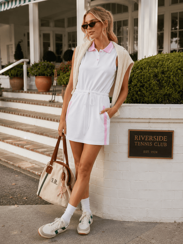 WOMEN'S SLEEVELESS BUTTON UP ELASTIC WAIST FRONT POCKETS MINI DRESS