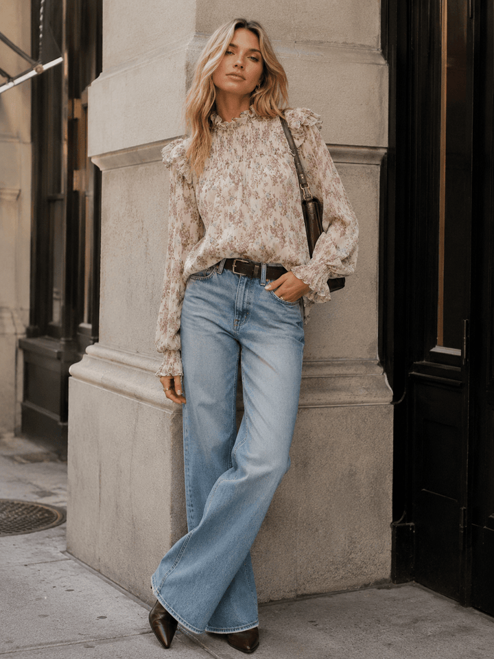 WOMEN'S LONG SLEEVE RUFFLE MOCK NECK SMOCK FLORAL BLOUSE