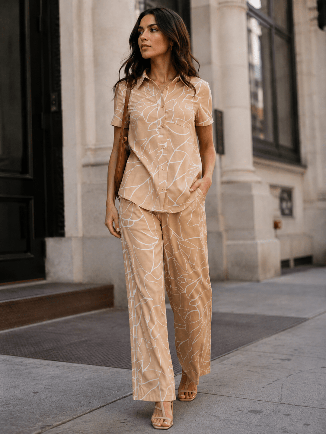 WOMEN'S SHORT SLEEVE BUTTON UP BLOUSE & ELASTIC WAIST WIDE LEG PANTS PRINTED 2PC. SET